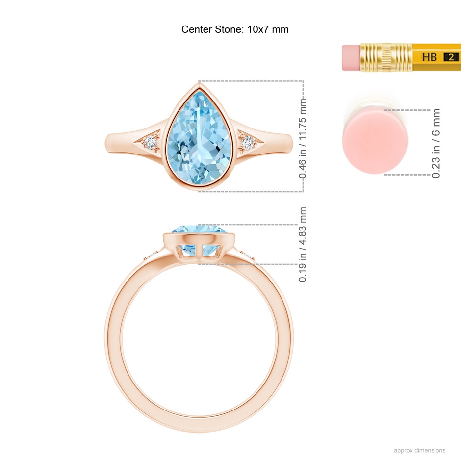 10x7mm AAAA Bezel-Set Pear-Shaped Aquamarine Ring with Diamonds in Rose Gold ruler