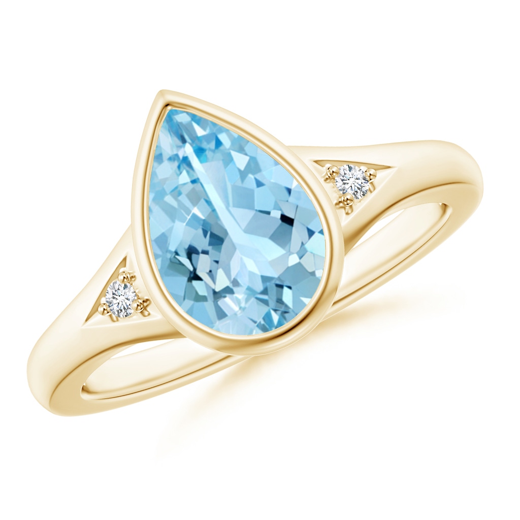 10x7mm AAAA Bezel-Set Pear-Shaped Aquamarine Ring with Diamonds in Yellow Gold
