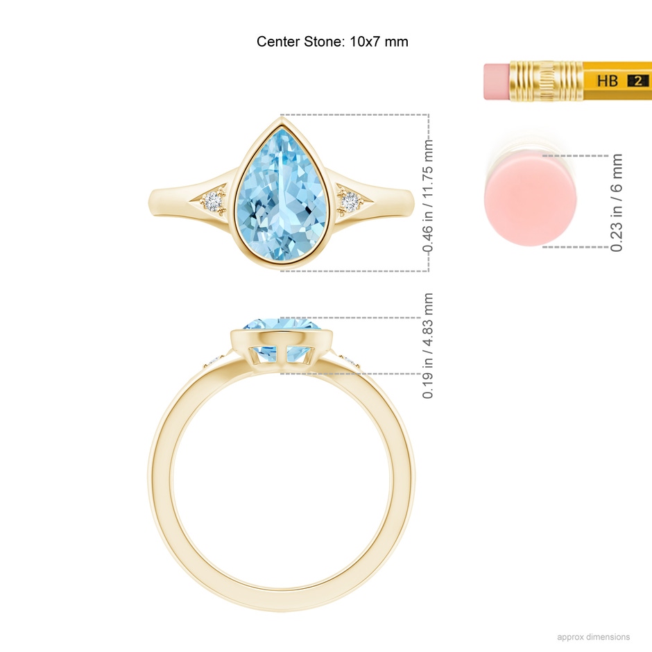 10x7mm AAAA Bezel-Set Pear-Shaped Aquamarine Ring with Diamonds in Yellow Gold ruler