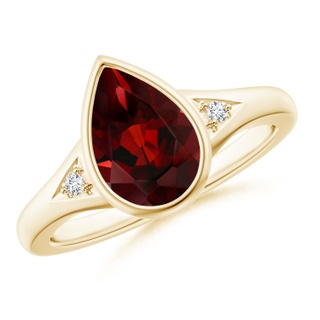 10x7mm AAA Bezel-Set Pear-Shaped Garnet Ring with Diamonds in Yellow Gold