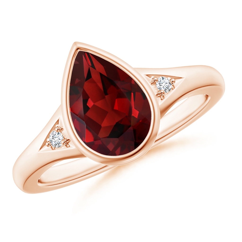 10x7mm AAAA Bezel-Set Pear-Shaped Garnet Ring with Diamonds in Rose Gold