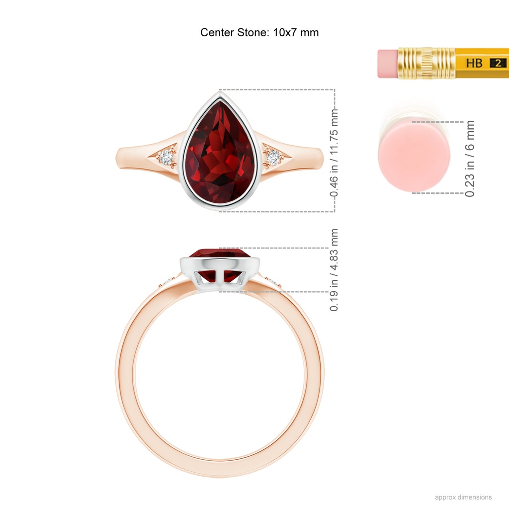 10x7mm AAAA Bezel-Set Pear-Shaped Garnet Ring with Diamonds in Rose Gold White Gold Ruler