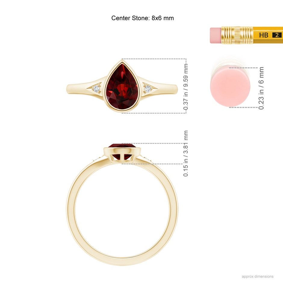 8x6mm AAA Bezel-Set Pear-Shaped Garnet Ring with Diamonds in Yellow Gold ruler