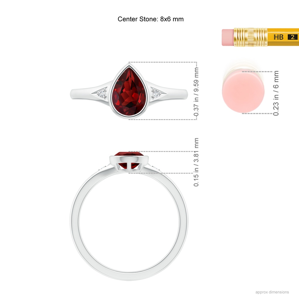 8x6mm AAAA Bezel-Set Pear-Shaped Garnet Ring with Diamonds in 10K White Gold Ruler