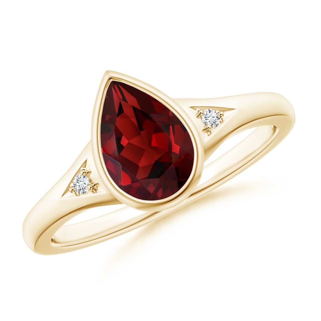 9x6mm AAAA Bezel-Set Pear-Shaped Garnet Ring with Diamonds in 9K Yellow Gold