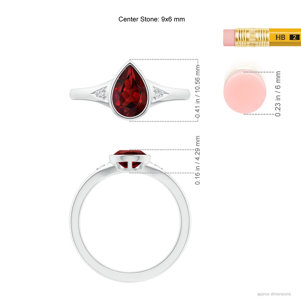 9x6mm AAAA Bezel-Set Pear-Shaped Garnet Ring with Diamonds in White Gold Ruler