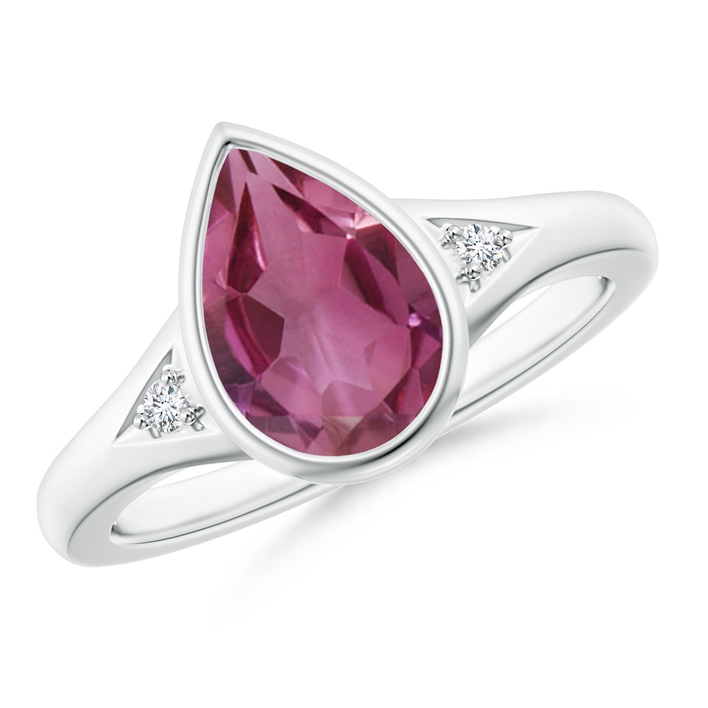 10x7mm AAAA Bezel-Set Pear-Shaped Pink Tourmaline Ring with Diamonds in White Gold