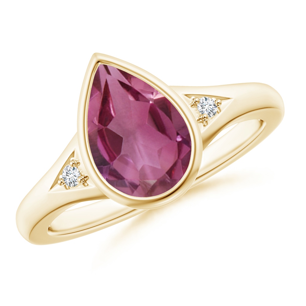 10x7mm AAAA Bezel-Set Pear-Shaped Pink Tourmaline Ring with Diamonds in Yellow Gold