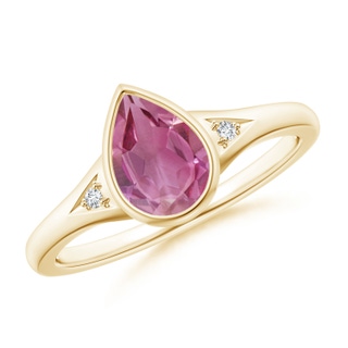 8x6mm AAA Bezel-Set Pear-Shaped Pink Tourmaline Ring with Diamonds in Yellow Gold