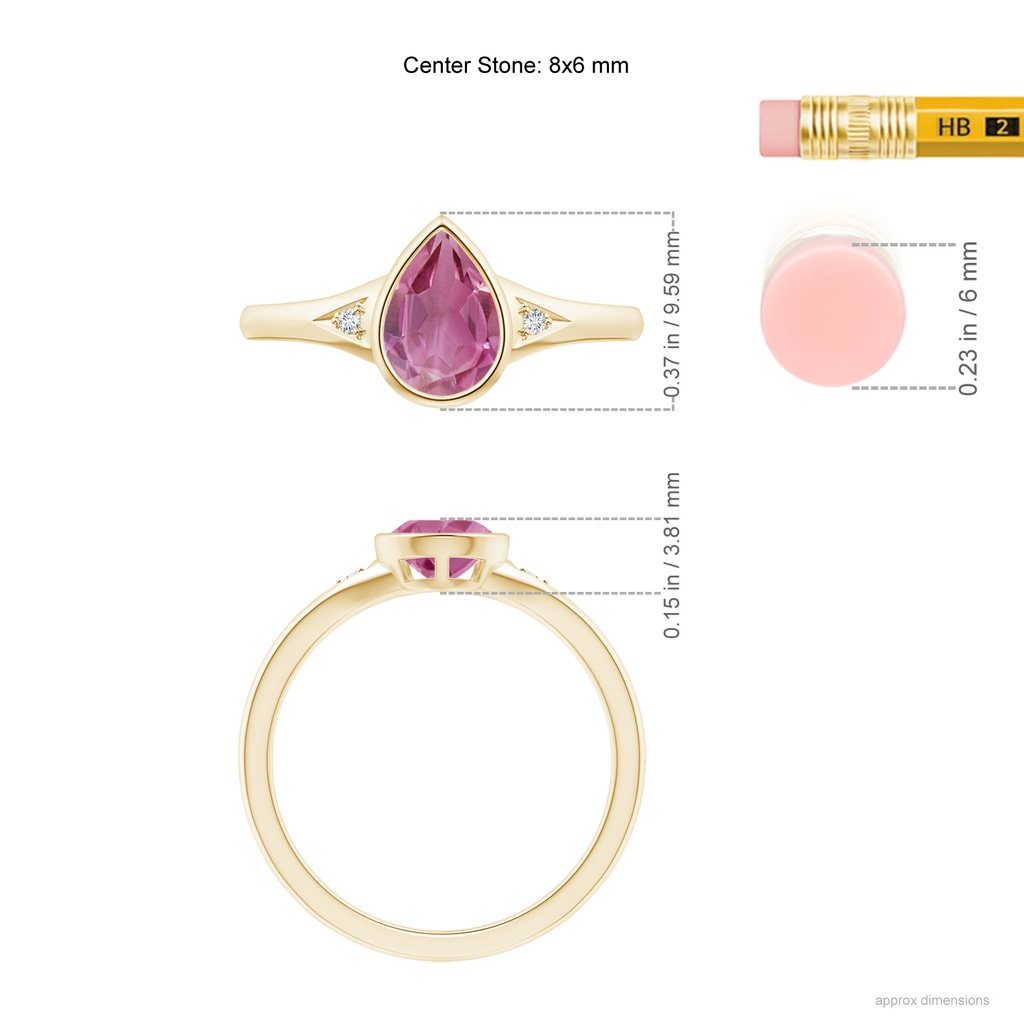 8x6mm AAA Bezel-Set Pear-Shaped Pink Tourmaline Ring with Diamonds in Yellow Gold Ruler