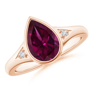 10x7mm AAAA Bezel-Set Pear-Shaped Rhodolite Ring with Diamonds in Rose Gold