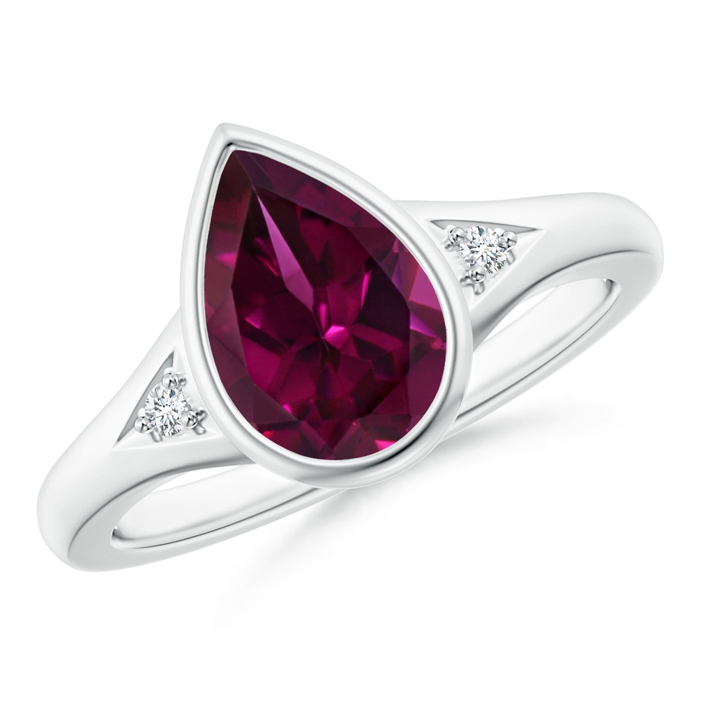 10x7mm AAAA Bezel-Set Pear-Shaped Rhodolite Ring with Diamonds in White Gold