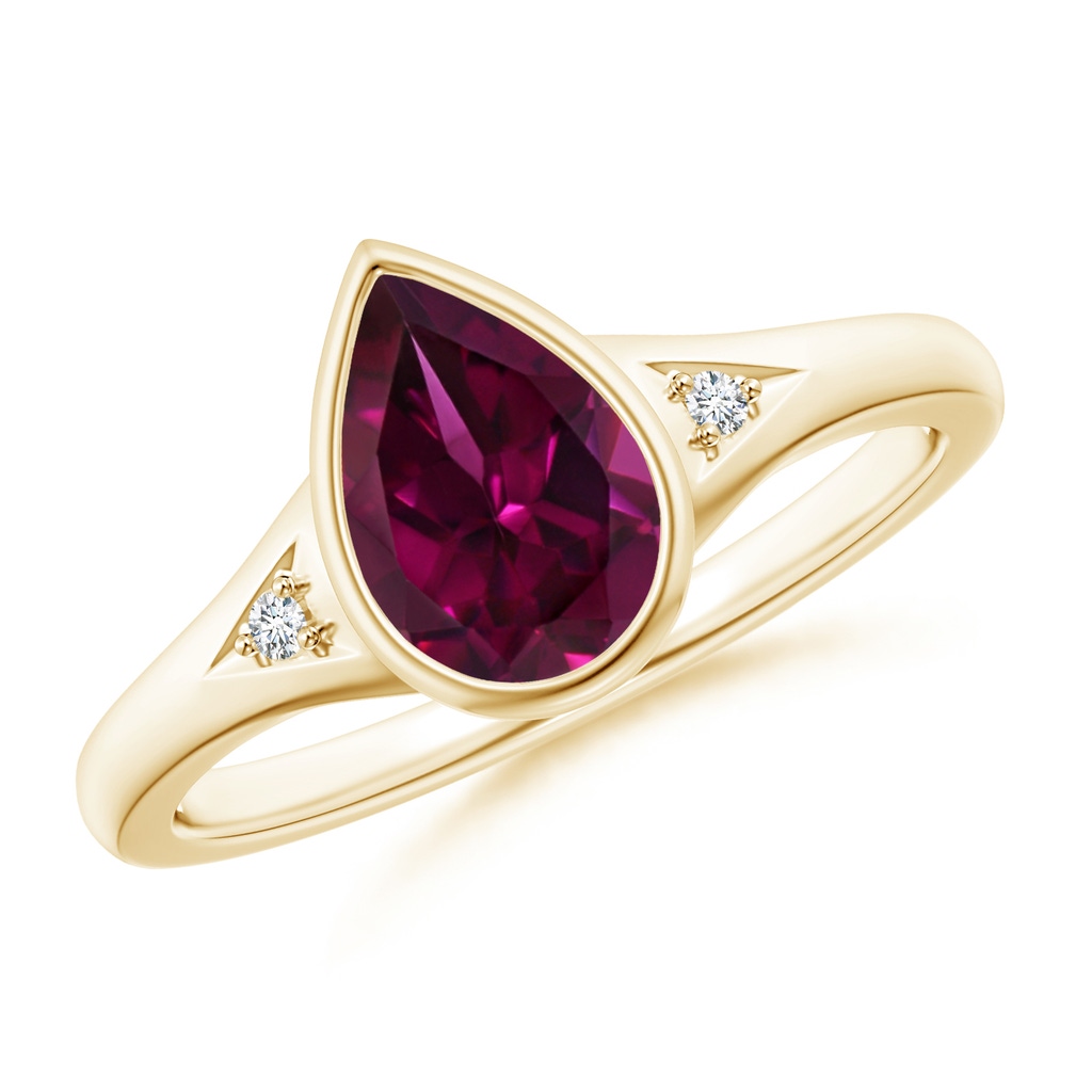 9x6mm AAAA Bezel-Set Pear-Shaped Rhodolite Ring with Diamonds in Yellow Gold