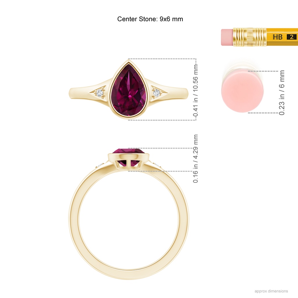 9x6mm AAAA Bezel-Set Pear-Shaped Rhodolite Ring with Diamonds in Yellow Gold Ruler