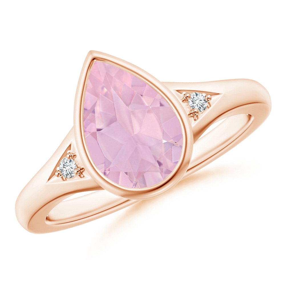 10x7mm AAAA Bezel-Set Pear-Shaped Rose Quartz Ring with Diamonds in Rose Gold