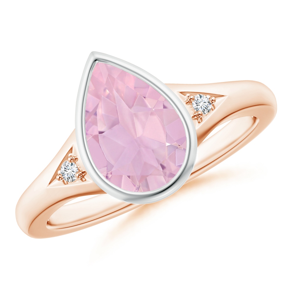 10x7mm AAAA Bezel-Set Pear-Shaped Rose Quartz Ring with Diamonds in Rose Gold White Gold
