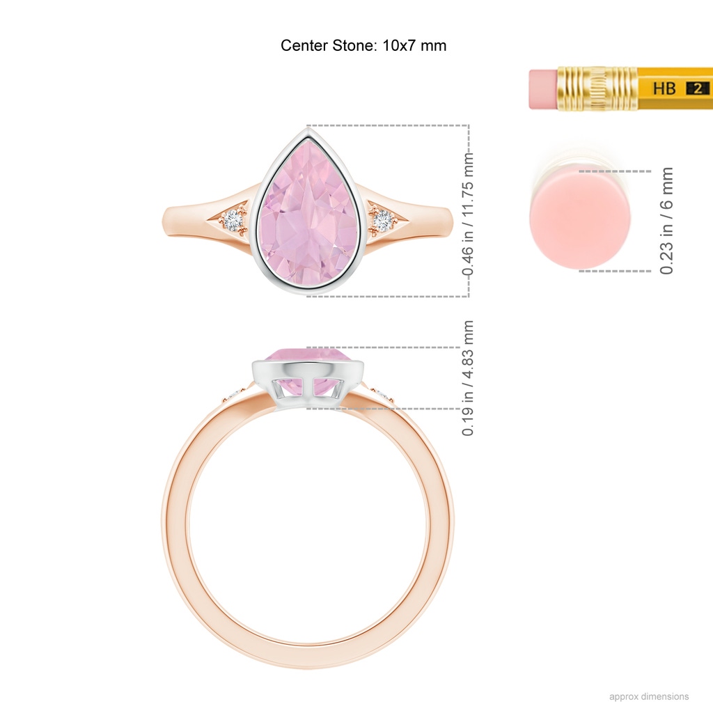 10x7mm AAAA Bezel-Set Pear-Shaped Rose Quartz Ring with Diamonds in Rose Gold White Gold Ruler