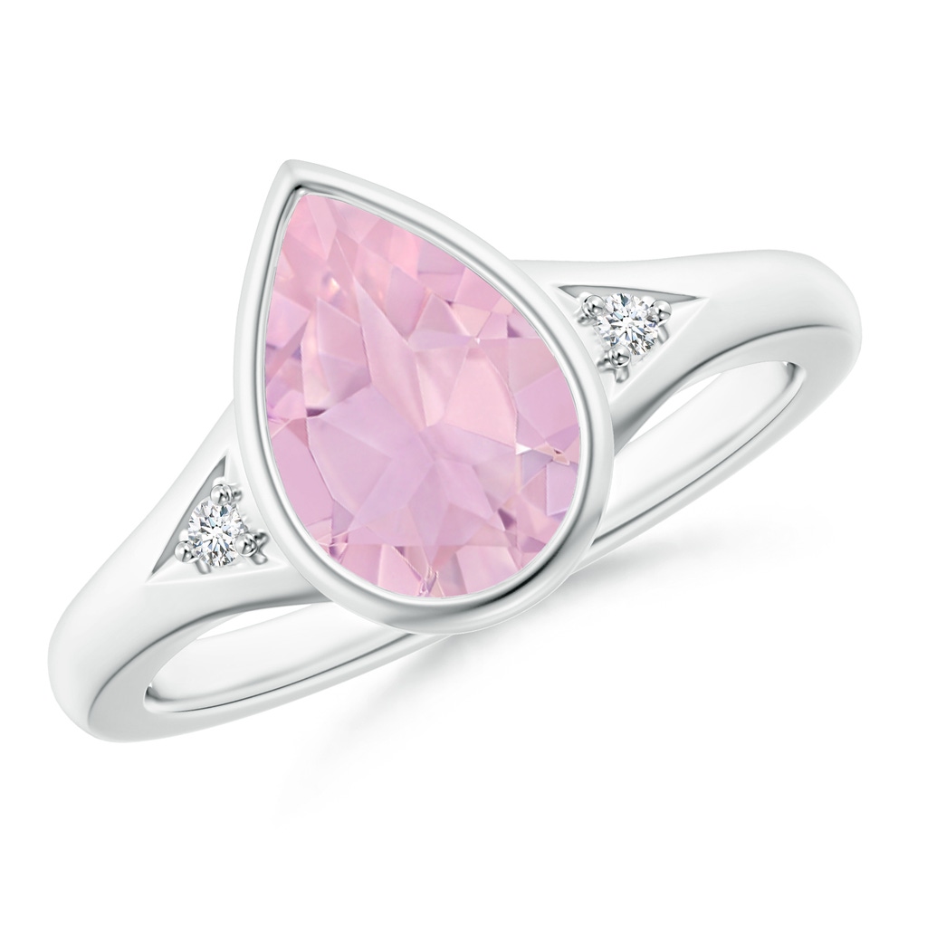 10x7mm AAAA Bezel-Set Pear-Shaped Rose Quartz Ring with Diamonds in White Gold