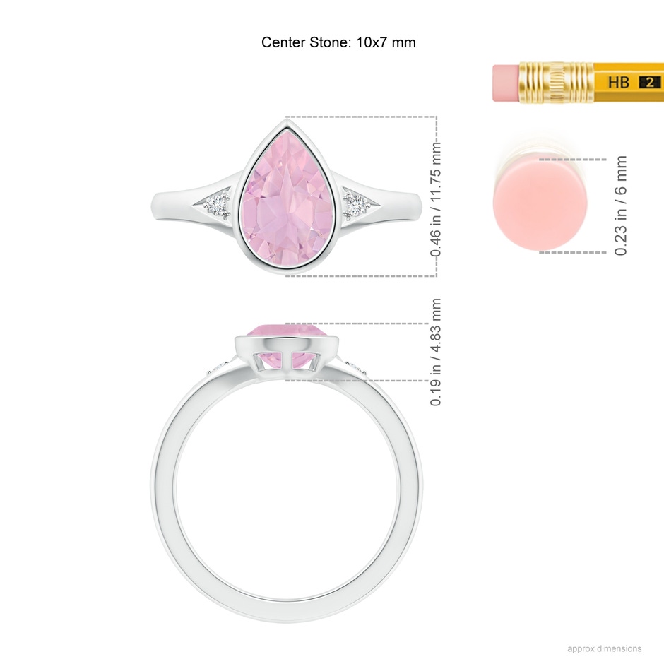 10x7mm AAAA Bezel-Set Pear-Shaped Rose Quartz Ring with Diamonds in White Gold ruler