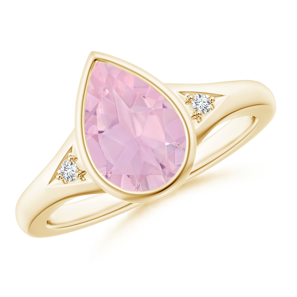 10x7mm AAAA Bezel-Set Pear-Shaped Rose Quartz Ring with Diamonds in Yellow Gold
