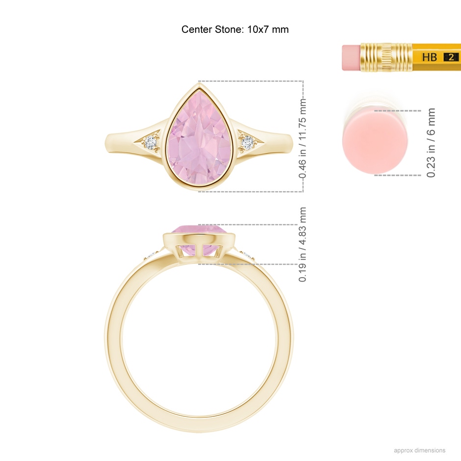 10x7mm AAAA Bezel-Set Pear-Shaped Rose Quartz Ring with Diamonds in Yellow Gold ruler