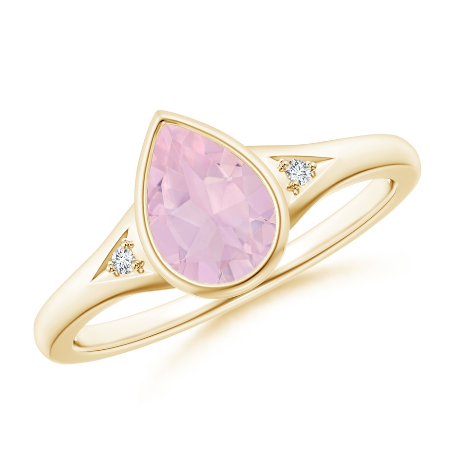 8x6mm AAA Bezel-Set Pear-Shaped Rose Quartz Ring with Diamonds in Yellow Gold 