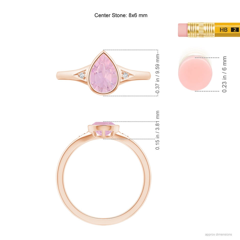 8x6mm AAAA Bezel-Set Pear-Shaped Rose Quartz Ring with Diamonds in Rose Gold ruler