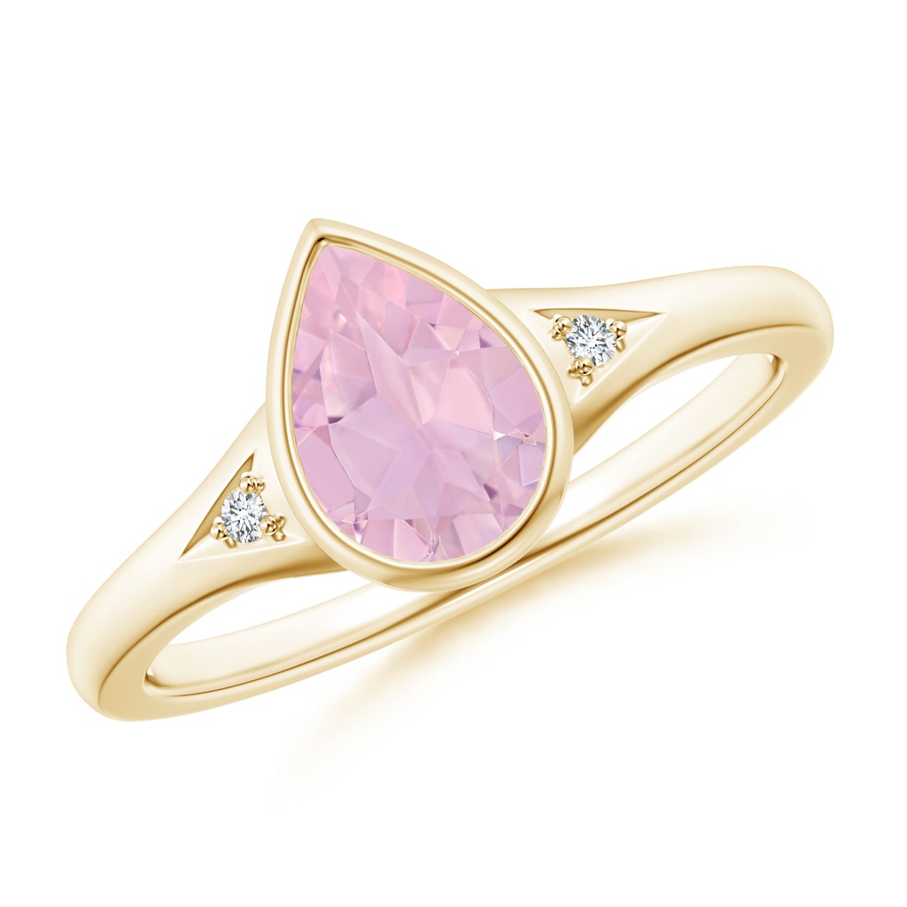 8x6mm AAAA Bezel-Set Pear-Shaped Rose Quartz Ring with Diamonds in Yellow Gold 