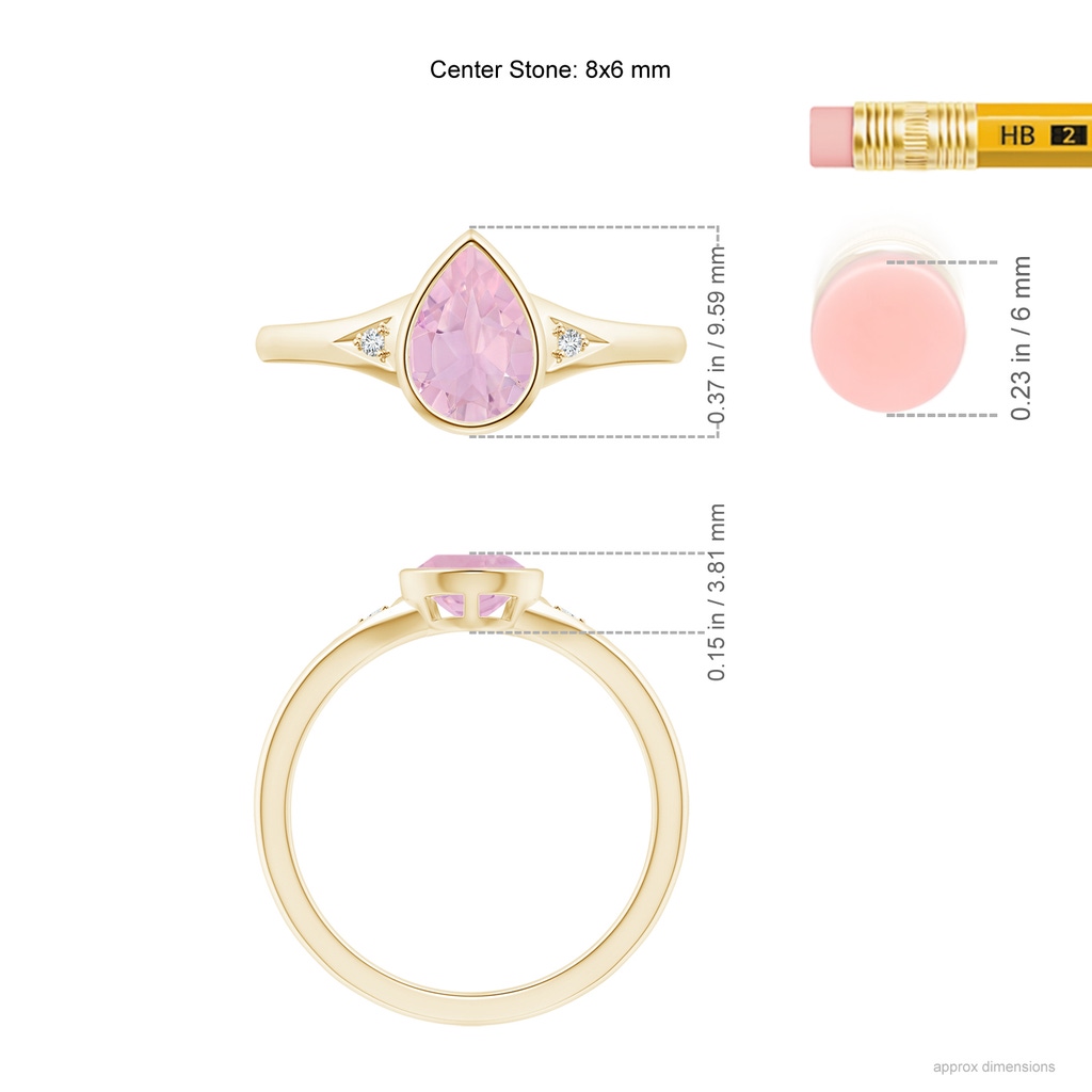 8x6mm AAAA Bezel-Set Pear-Shaped Rose Quartz Ring with Diamonds in Yellow Gold Ruler
