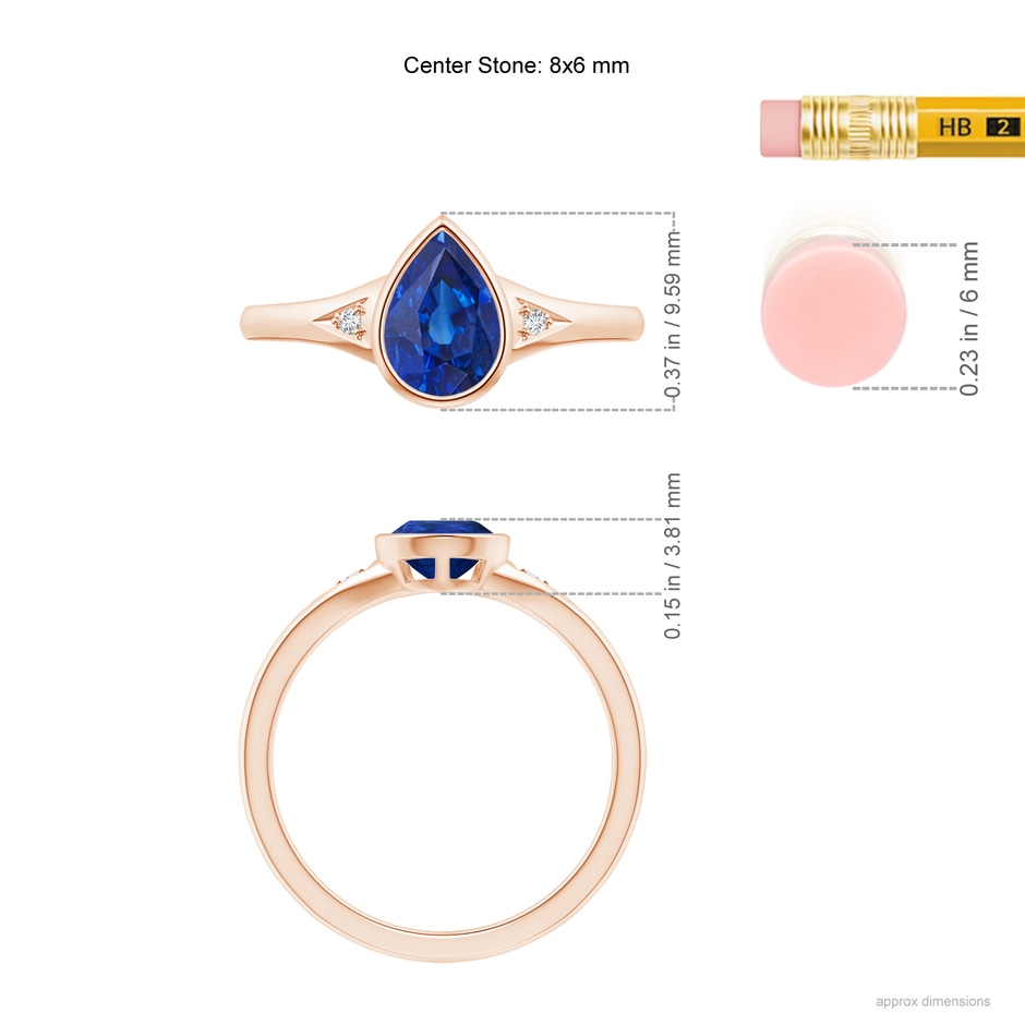 8x6mm AAA Bezel-Set Pear-Shaped Sapphire Ring with Diamonds in Rose Gold ruler