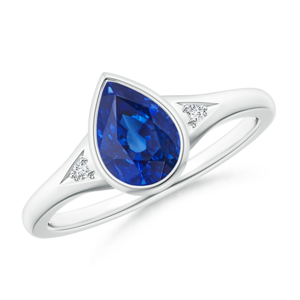8x6mm AAA Bezel-Set Pear-Shaped Sapphire Ring with Diamonds in White Gold 