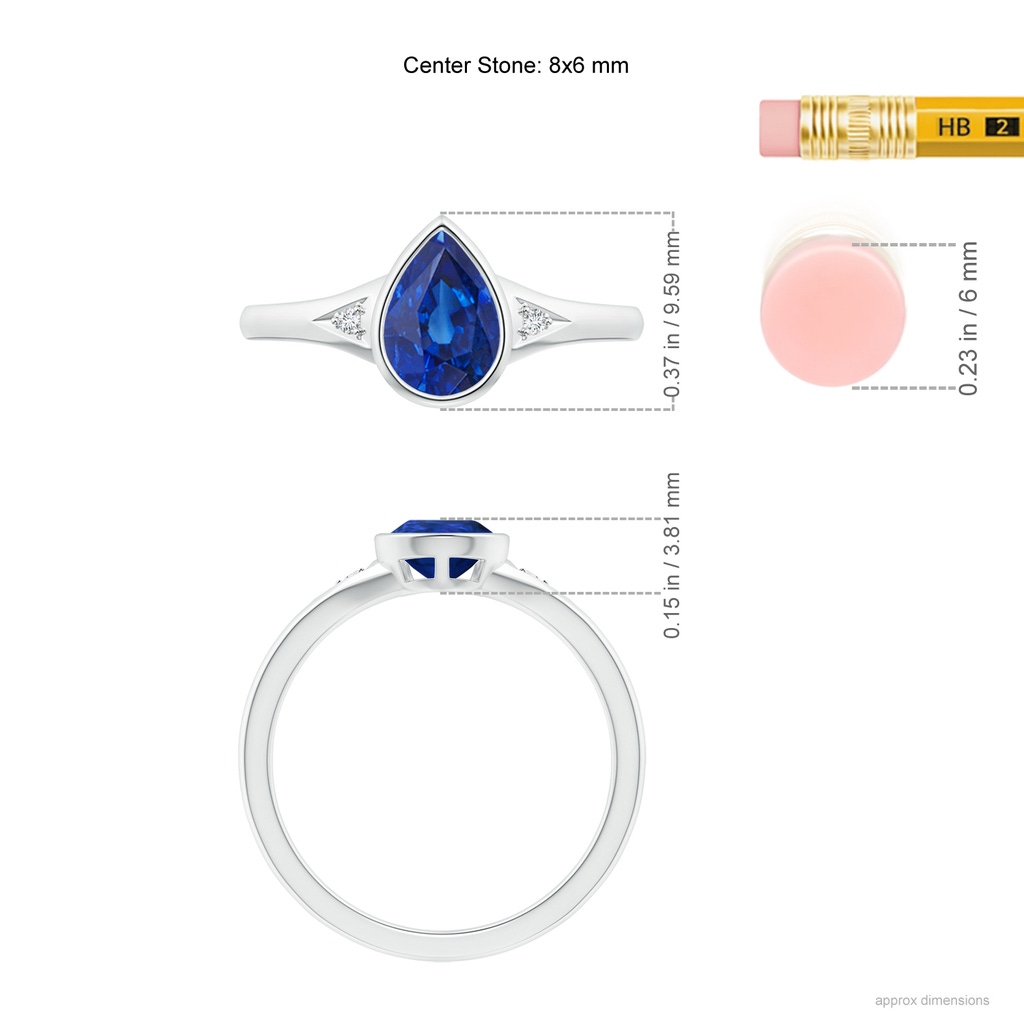 8x6mm AAA Bezel-Set Pear-Shaped Sapphire Ring with Diamonds in White Gold Ruler