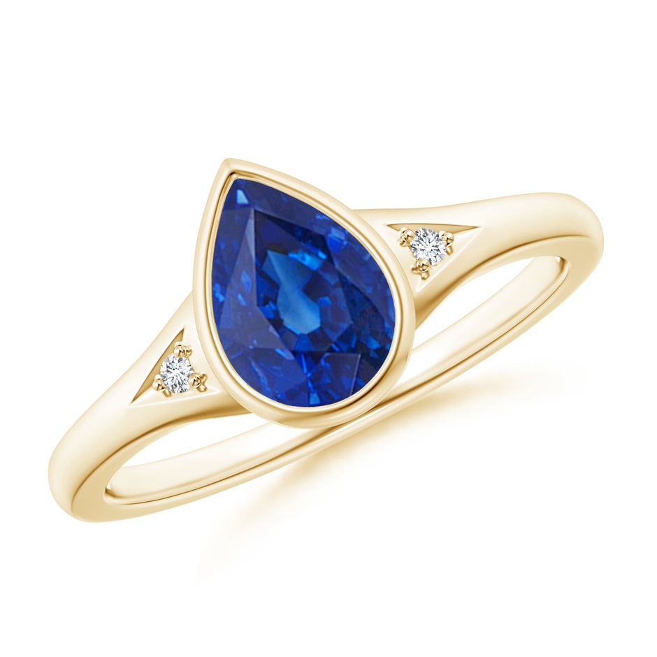 8x6mm AAA Bezel-Set Pear-Shaped Sapphire Ring with Diamonds in Yellow Gold 