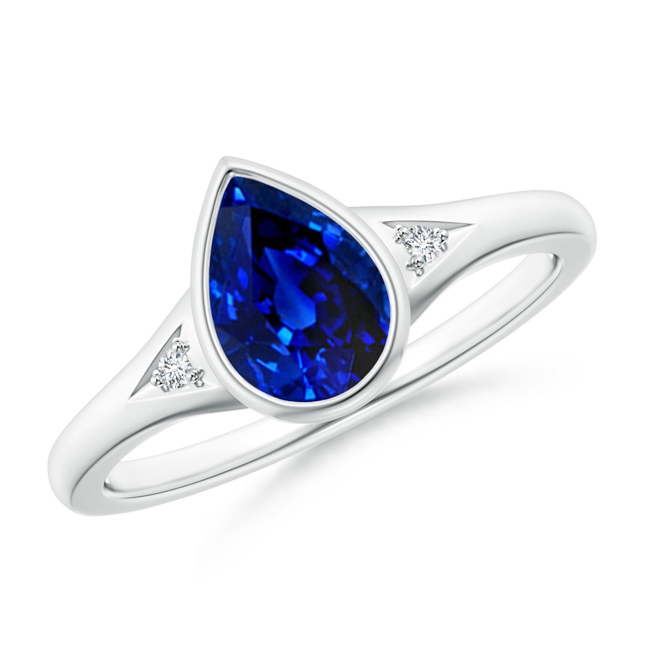 8x6mm AAAA Bezel-Set Pear-Shaped Sapphire Ring with Diamonds in White Gold 