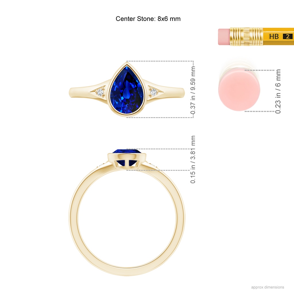 8x6mm AAAA Bezel-Set Pear-Shaped Sapphire Ring with Diamonds in Yellow Gold Ruler