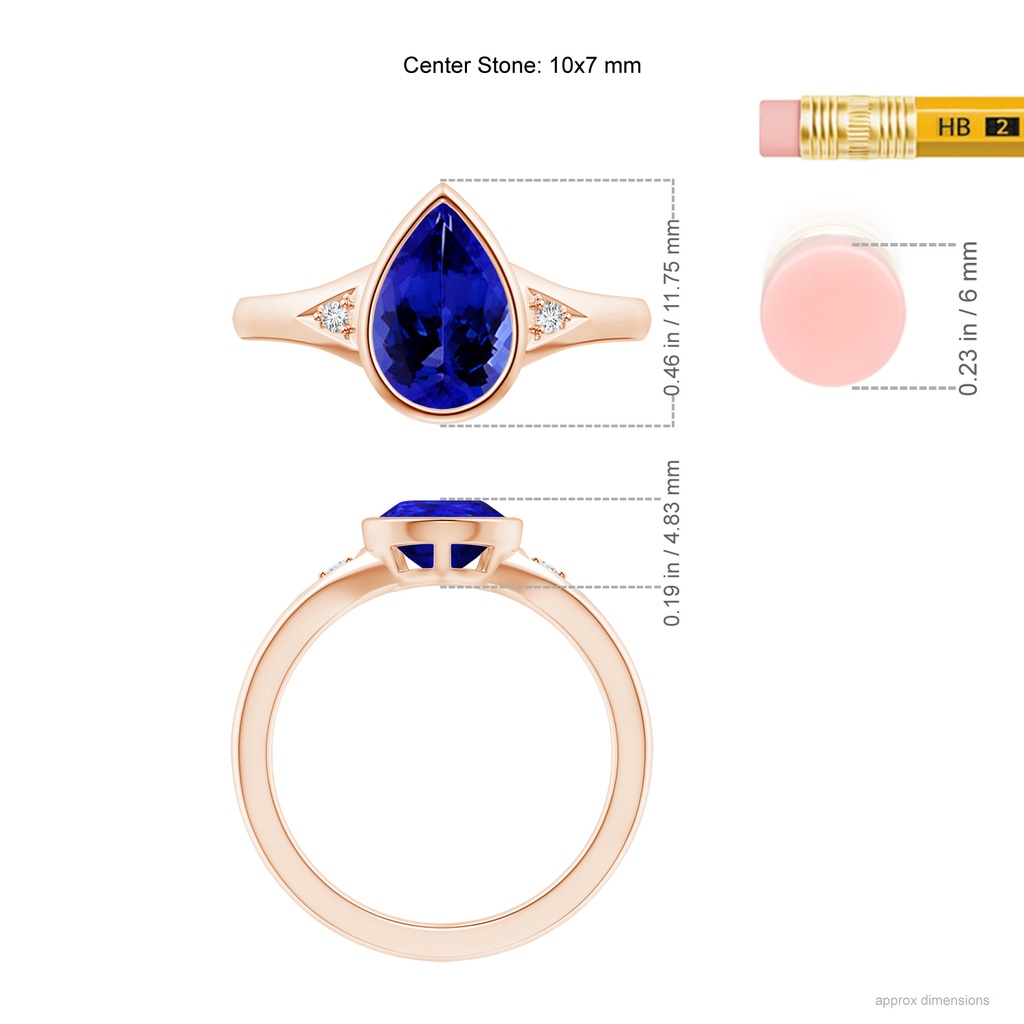 10x7mm AAAA Bezel-Set Pear-Shaped Tanzanite Ring with Diamonds in Rose Gold Ruler
