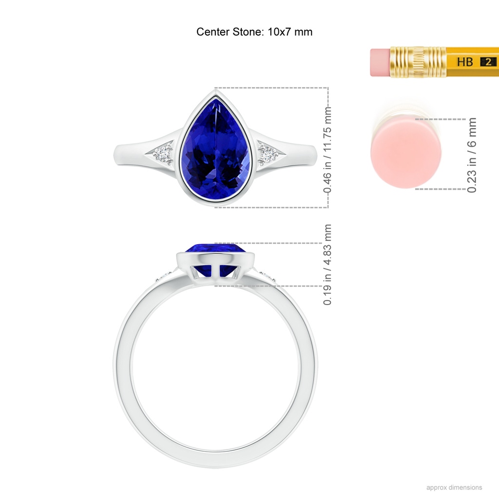 10x7mm AAAA Bezel-Set Pear-Shaped Tanzanite Ring with Diamonds in White Gold Ruler