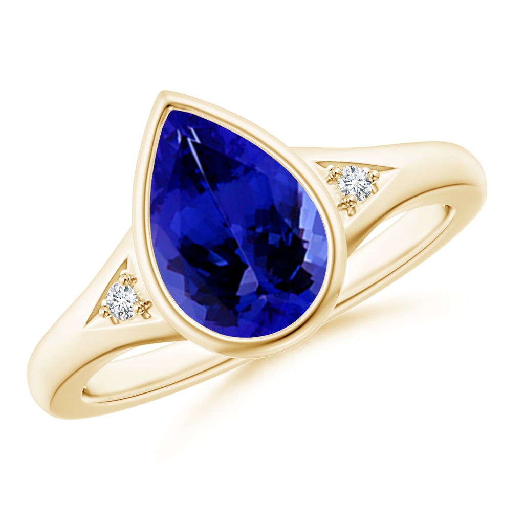 10x7mm AAAA Bezel-Set Pear-Shaped Tanzanite Ring with Diamonds in Yellow Gold