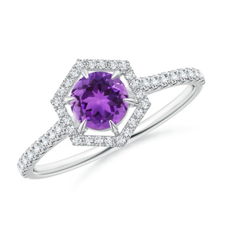 5mm AAA Round Amethyst Ring with Hexagonal Diamond Halo in White Gold
