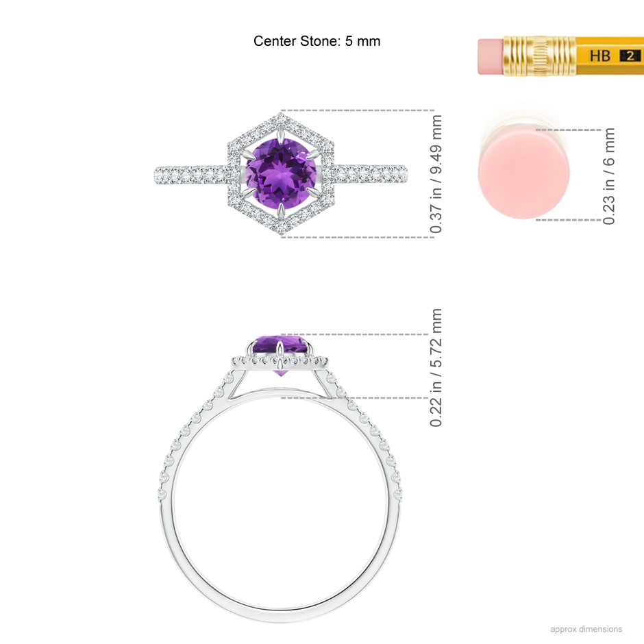 5mm AAA Round Amethyst Ring with Hexagonal Diamond Halo in White Gold Ruler