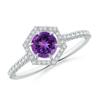 5mm AAAA Round Amethyst Ring with Hexagonal Diamond Halo in White Gold