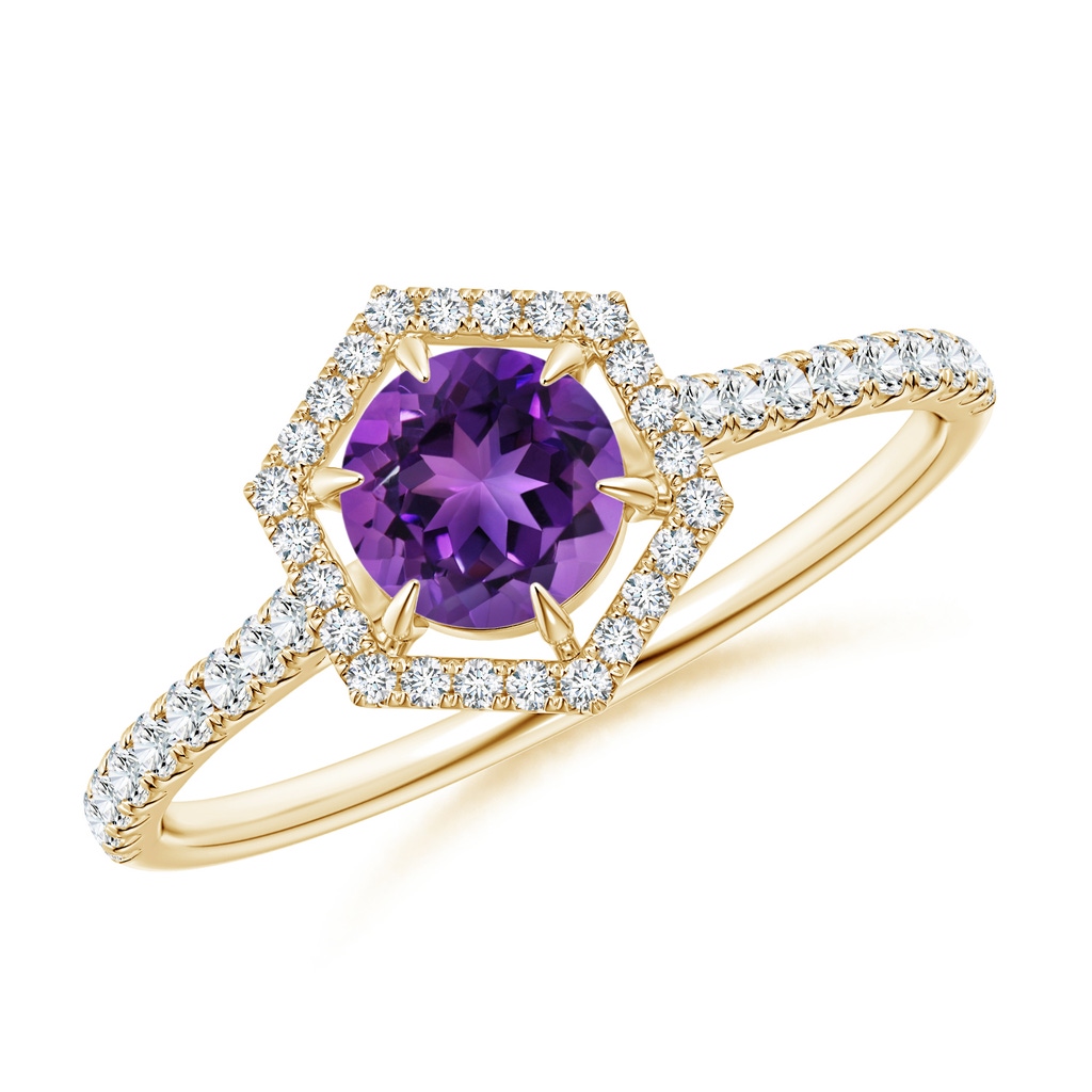 5mm AAAA Round Amethyst Ring with Hexagonal Diamond Halo in Yellow Gold