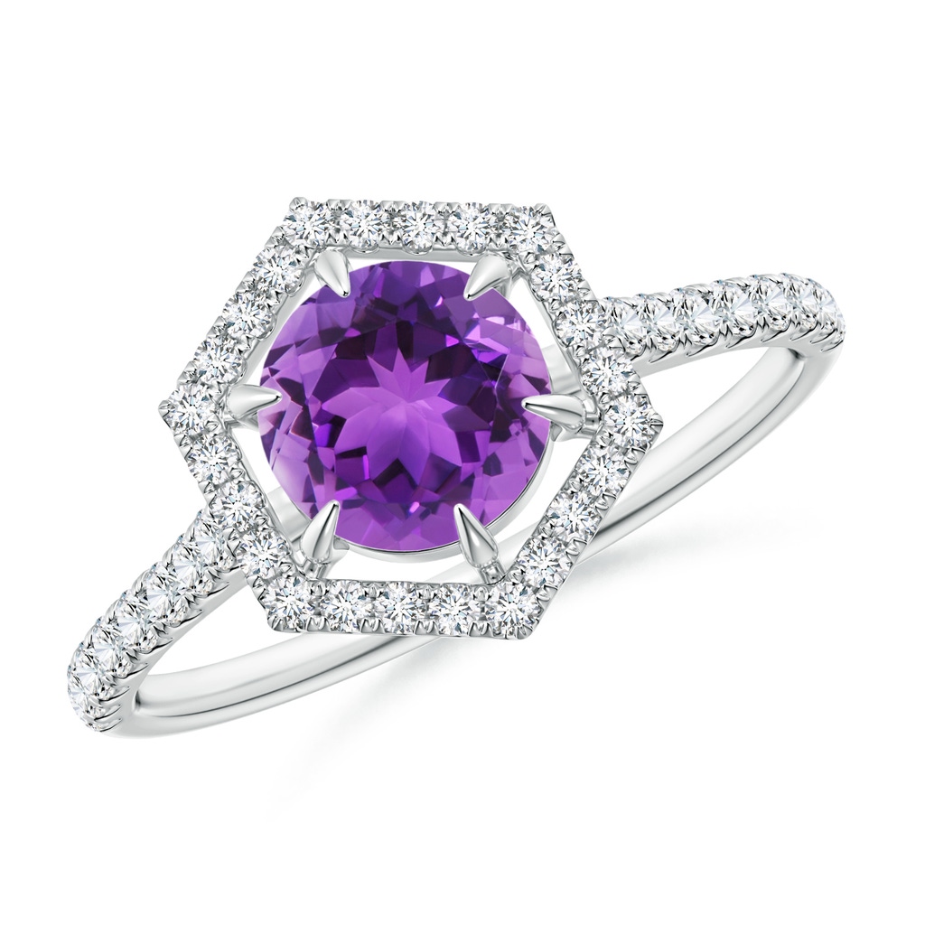 6mm AAA Round Amethyst Ring with Hexagonal Diamond Halo in White Gold