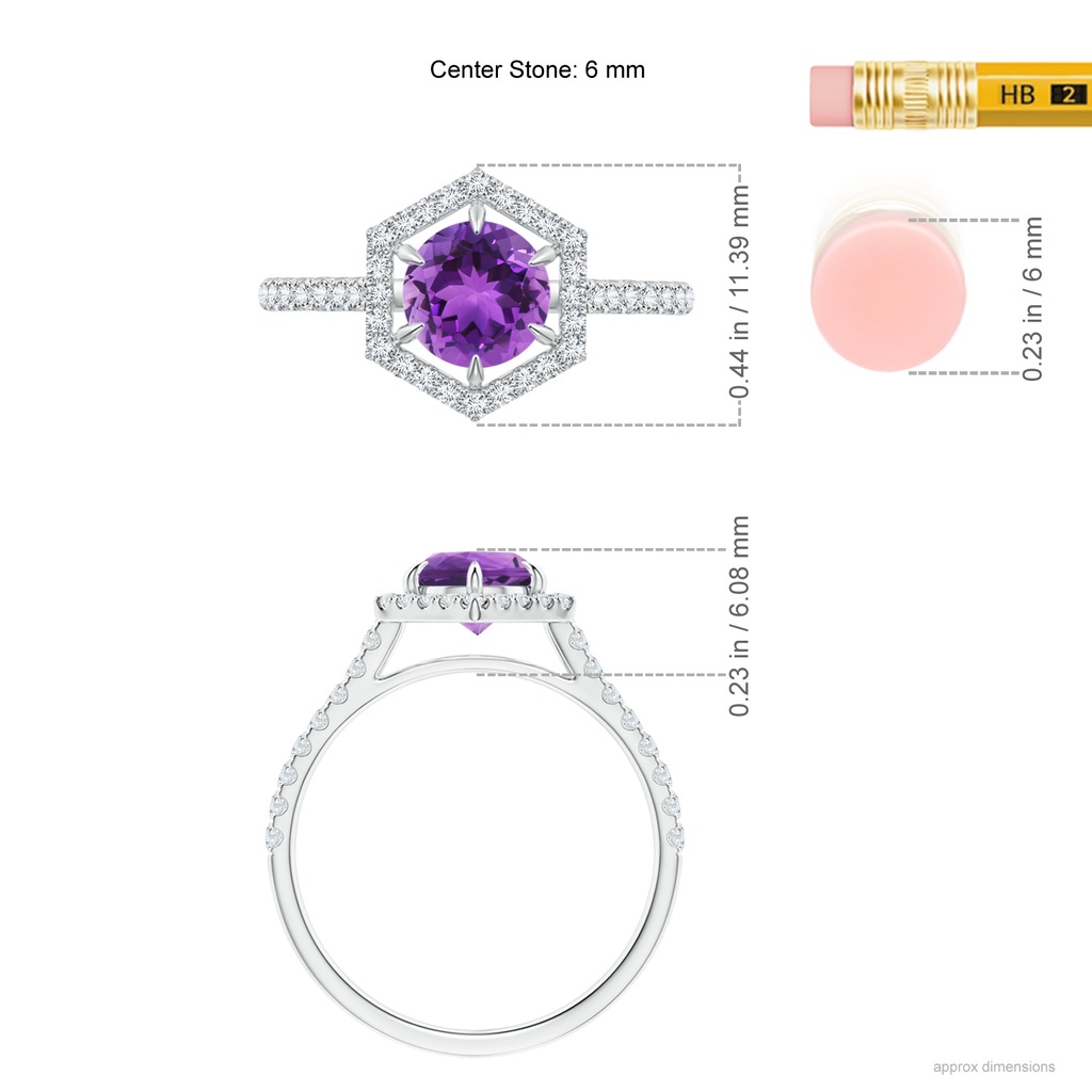 6mm AAA Round Amethyst Ring with Hexagonal Diamond Halo in White Gold Ruler