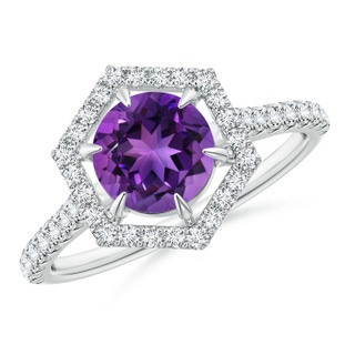 7mm AAAA Round Amethyst Ring with Hexagonal Diamond Halo in White Gold