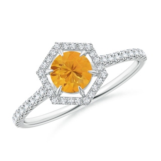 5mm A Round Fire Opal Ring with Hexagonal Diamond Halo in White Gold