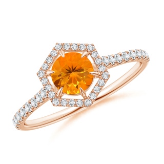 5mm AA Round Fire Opal Ring with Hexagonal Diamond Halo in Rose Gold