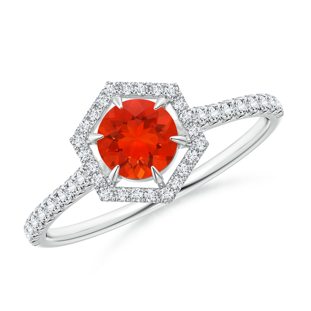 5mm AAAA Round Fire Opal Ring with Hexagonal Diamond Halo in P950 Platinum