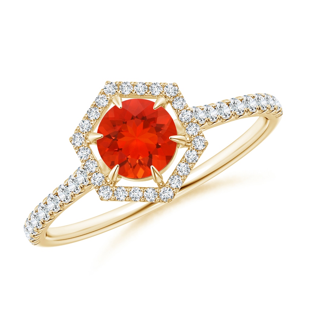 5mm AAAA Round Fire Opal Ring with Hexagonal Diamond Halo in Yellow Gold