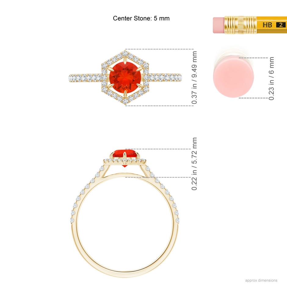 5mm AAAA Round Fire Opal Ring with Hexagonal Diamond Halo in Yellow Gold ruler